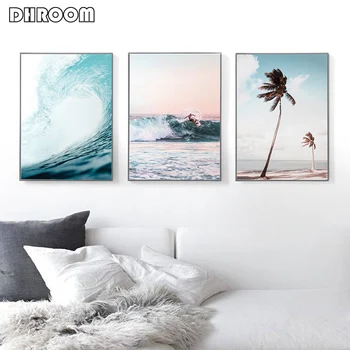 

Nordic Landscape Surf Poster Wall Art Aerial Beach Ocean Wave Prints Palm Tree Canvas Painting Wall Picture for Living Room