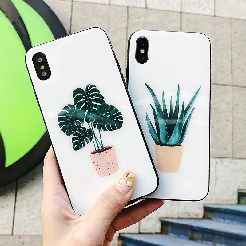 

Fresh Green Plant Phone Protective Cover For iPhone 6 6s 6P 6sP 7 7P 8 8P X Potted Aloe Leaves Tempered Glass Phone Shell Case