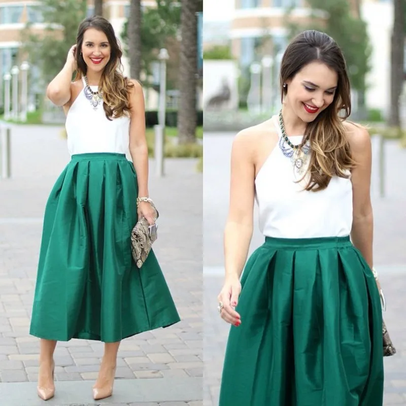 Pleated Green Skirt Ribbon Zipper Waistline A Line Tee Length Midi