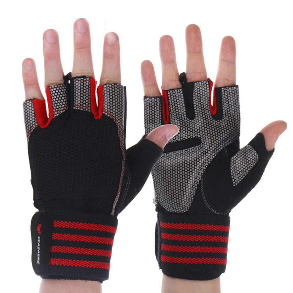 Нескользящие перчатки для тяжелой атлетики на полпальца, мужские Дышащие Перчатки для фитнеса, тренажерного зала, для тренировки, велоспорта, тяжелой атлетики - Цвет: Red