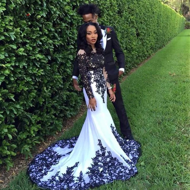

Fabulous Long Sleeves Black Lace Appliques Mermaid Women Evening Dresses Long Evening Formal Gown Prom Maxi Gowns Vestidos Noiva