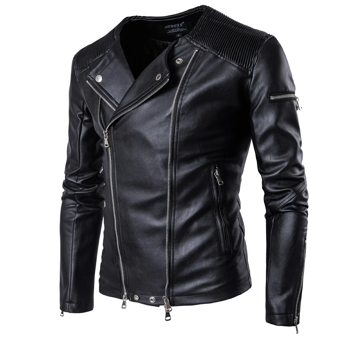 Leather Jacket Men Multi zipper Fashion Stand Collar PU Leather Coat