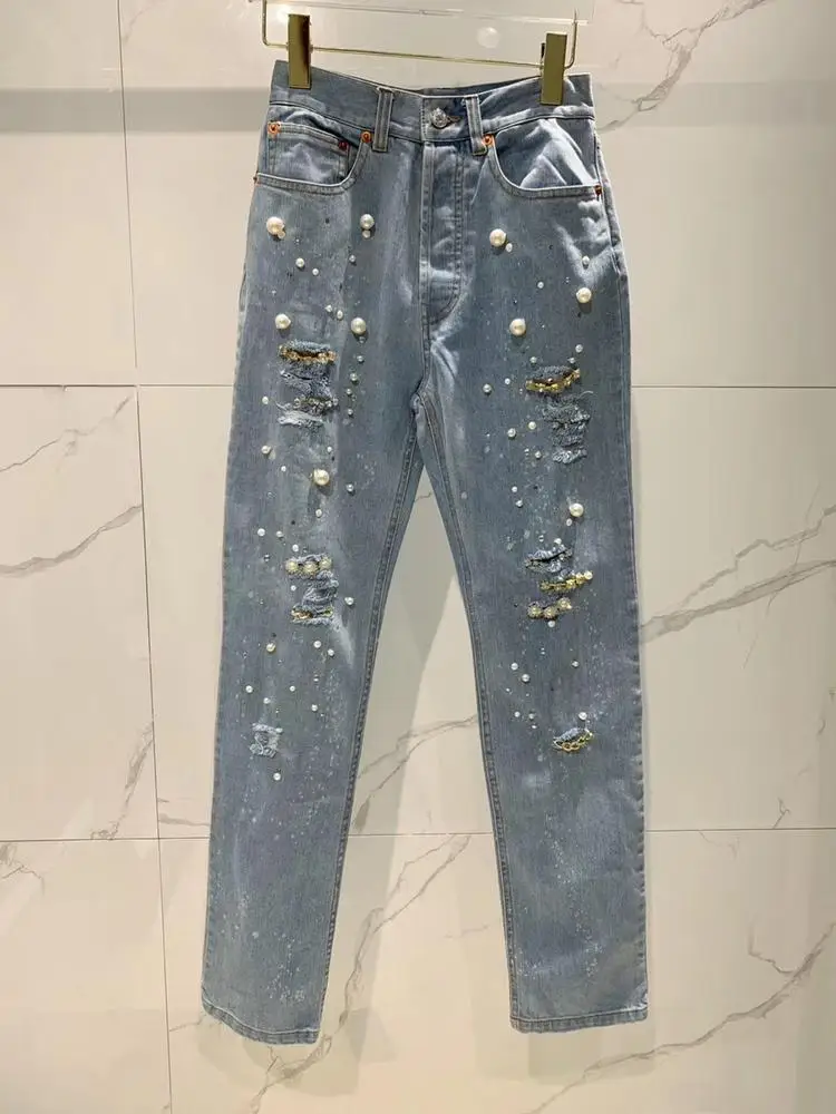 

2019 ladies fashion loose casual hole pearl diamond jeans 0619
