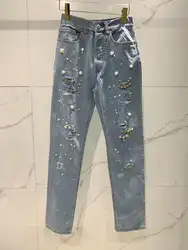 2019 женские модные Свободные повседневные жемчуг с отверстиями алмазные джинсы 0619