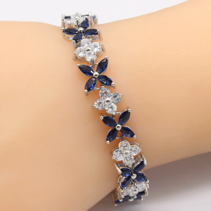 

EIOLZJ Flower Dark Blue Cubic Zirconia Silver Bracelets for Women Trendy Bracelet with White Zircon Stamp 925 Free Jewelry Box