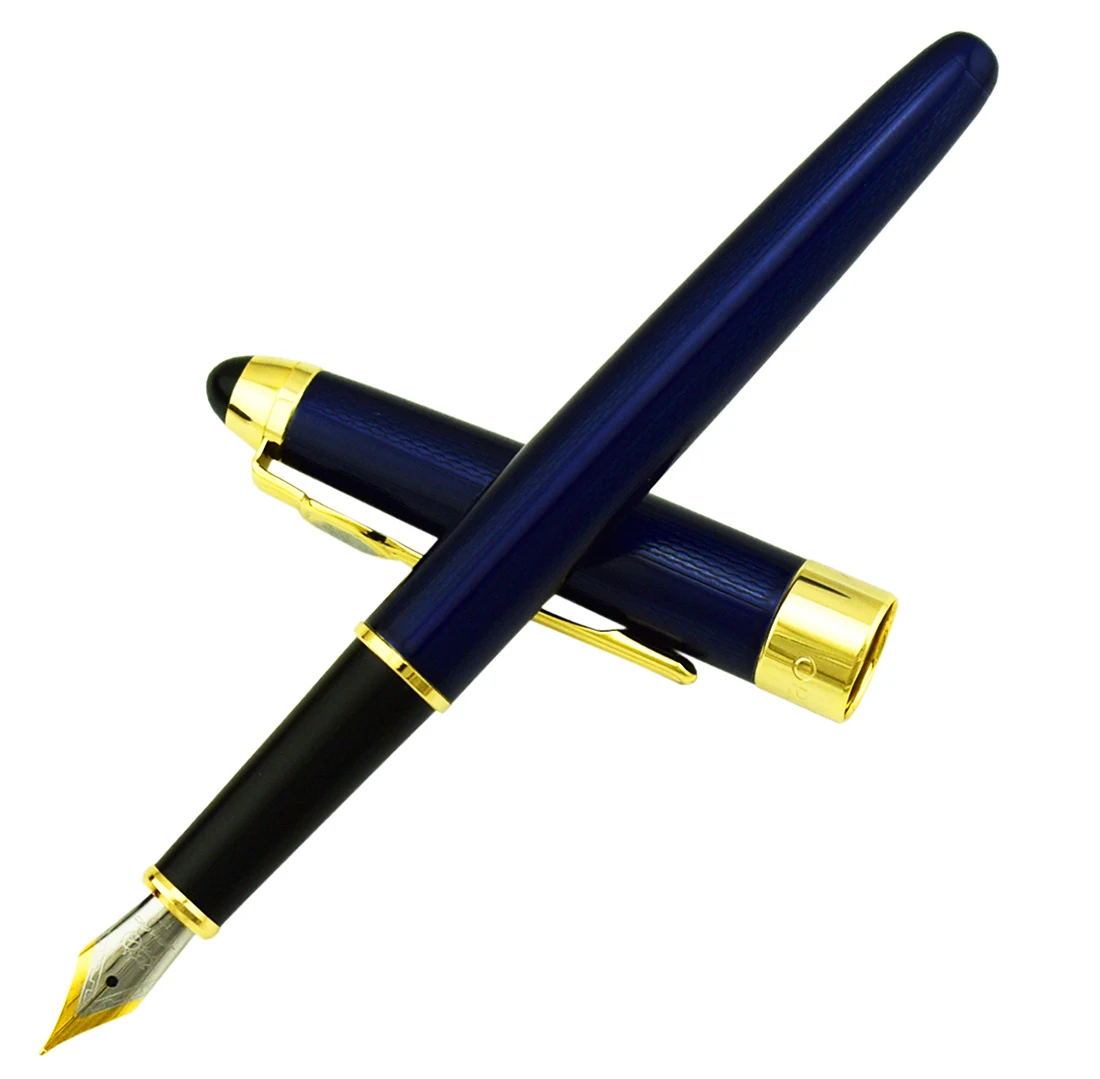 Jinhao Classic 165 Metal Noble Blue Embossed Fountain Pen Gold Trim 18KGP Fine Nib 0.5mm Ink Pen for Graduate/Business/Office