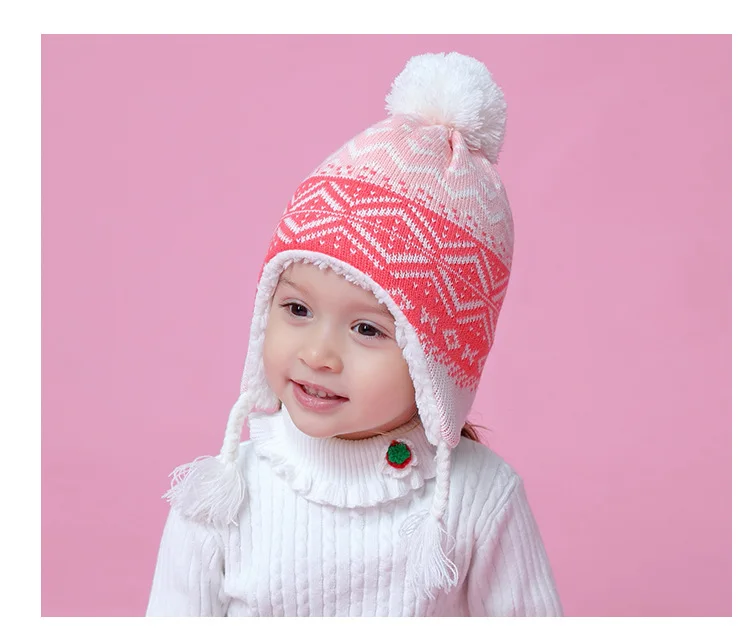 Зимняя детская вязаная шапка/шарф, модная уплотненная шапка с геометрическим узором, шапка с ушками, теплая детская шапка на Рождество, Год, снежная шапка s