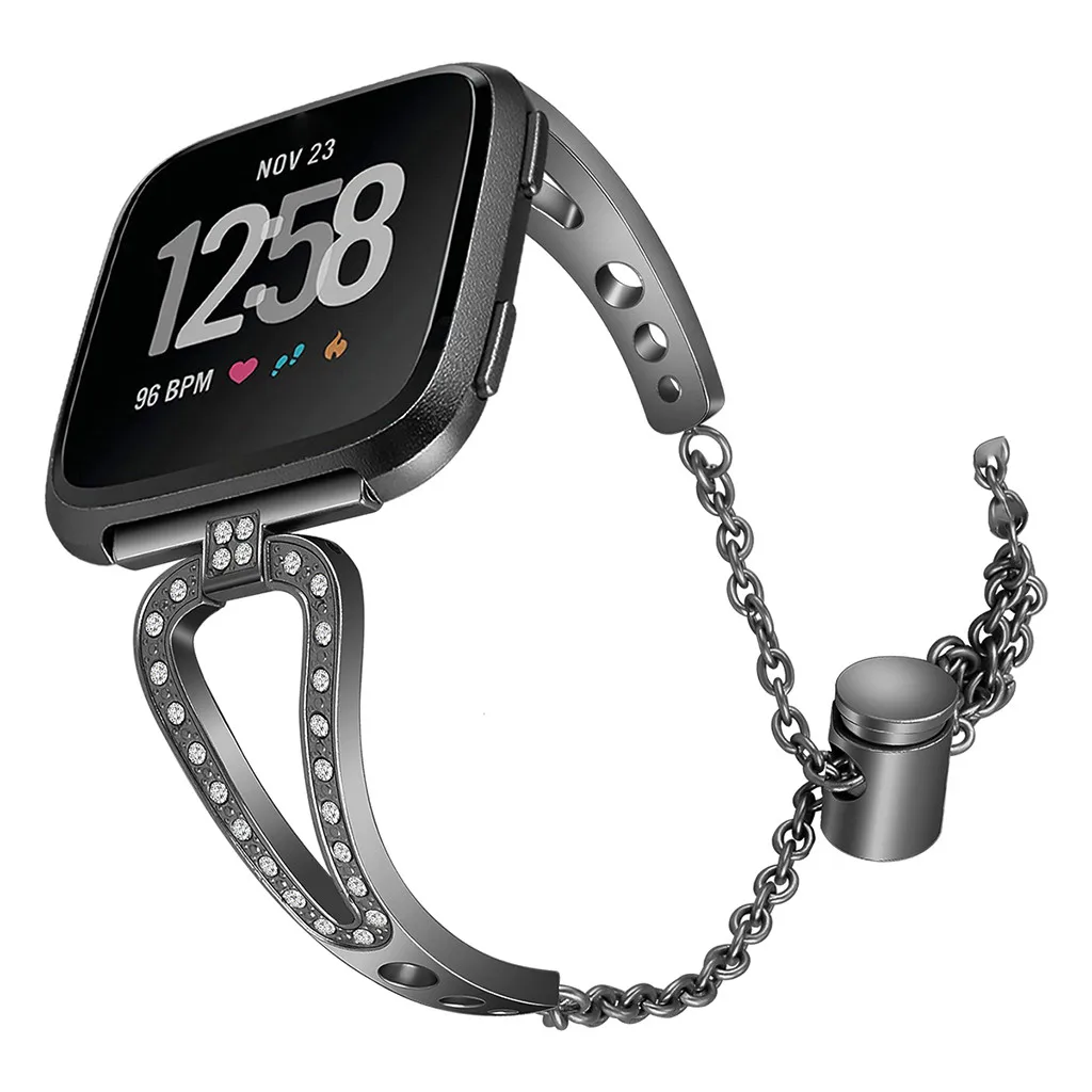 Умные часы Smartwatch Браслет Мода замена кристалл металлический ремешок для часов Ремешок Для Fitbit Versa ремни - Цвет: Black