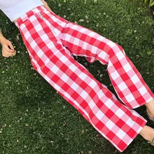 Sweet Red Plaid Wide Leg Pants Women Plaid Wide Trousers High Waist Zip Fly Loose Pants Ladies Wide Leg Trousers Plaid Blue Red frilled tie waist plaid pants