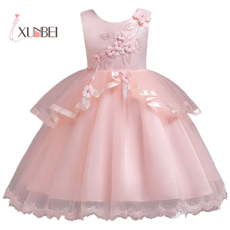 

2-13Y Red Knee Length Tulle Flower Girl Dresses 2019 Appliqued Girls Pageant Dresses First Communion Dresses Kids Party Dresses