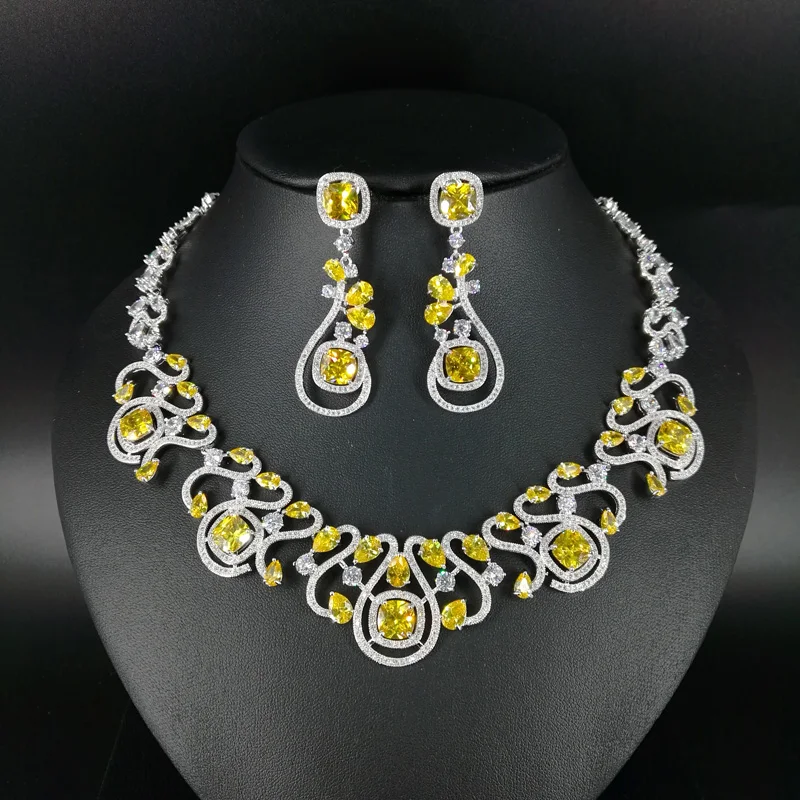

2019 fashion luxury retro YELLOW CZ zircon necklace earring set,wedding bride dinner party banquet dress jewelry free shipping
