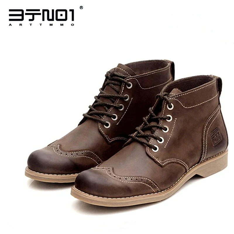 Hight Quality Retro Genuine Leather Mens Brogue Shoes Chukka Lace Up Ankle Boots Winter Round Toe Martin Boots