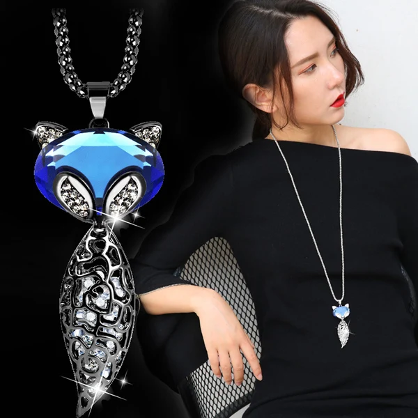DuoTang, классическое ожерелье в виде совы, серебряное, длинная цепочка в виде попкорна, животные, хрустальные стразы, подвеска, ожерелье для женщин, подарок, ювелирное изделие - Окраска металла: G blue