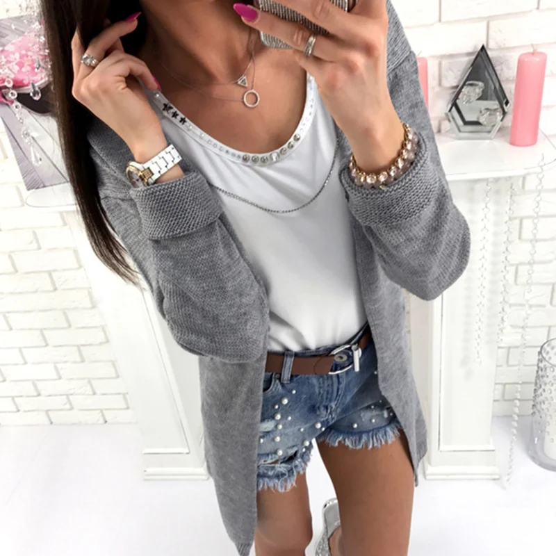 Womens Long Sleeve Knitted Sweater Lady Solid Loose Casual Holiday Cardigan Coat