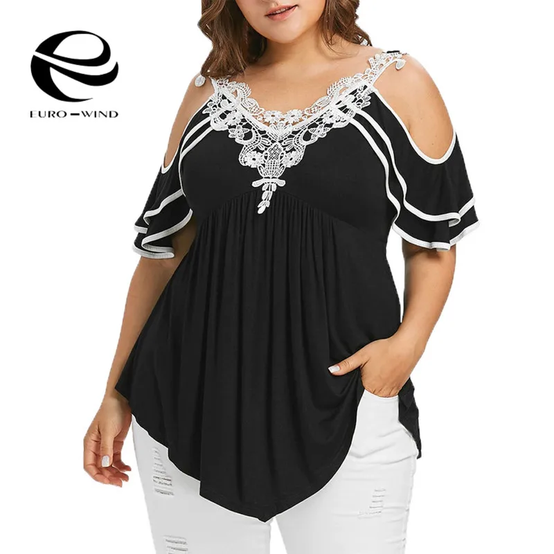 زائد حجم 5XL الصيف إمرأة قمم و البلوزات 2019 الشارع الشهير الدانتيل الباردة الكتف المحملة قمصان تونك السيدات أعلى للمرأة الملابس