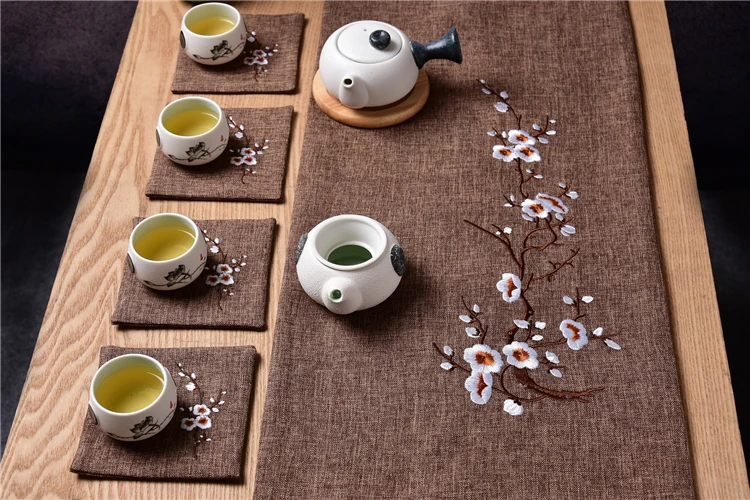 

Elegant Embroidery Cotton Linen Coffee Table Runner Plum blossom Modern Table Cloth Rectangular Dining Table Mat Tea Pad