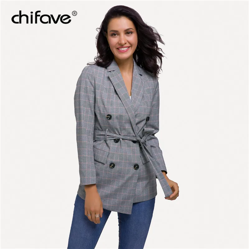 Koop Casual Vrouwen Plaid Blazer Jasje Riem Double Breasted Lange Blazers Foraml Pak Casual Kantoor Dame Wokr Dragen Uitloper chifave