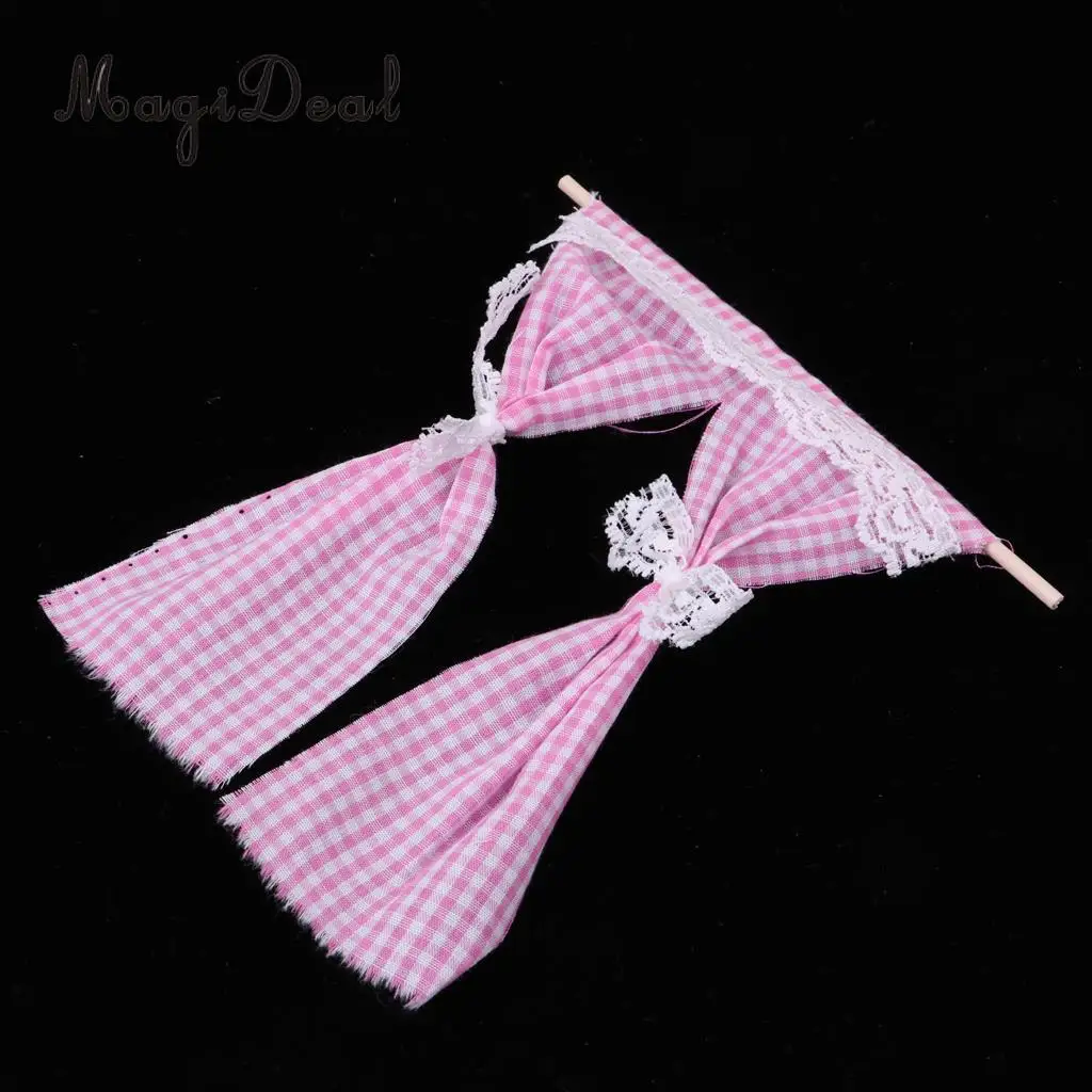 Dollhouse Miniatures Cute Lattice and Lace Pink Cotton Curtain for 1/12 Scale Dolls House Bedroom Furniture Decor Acc 3Colors