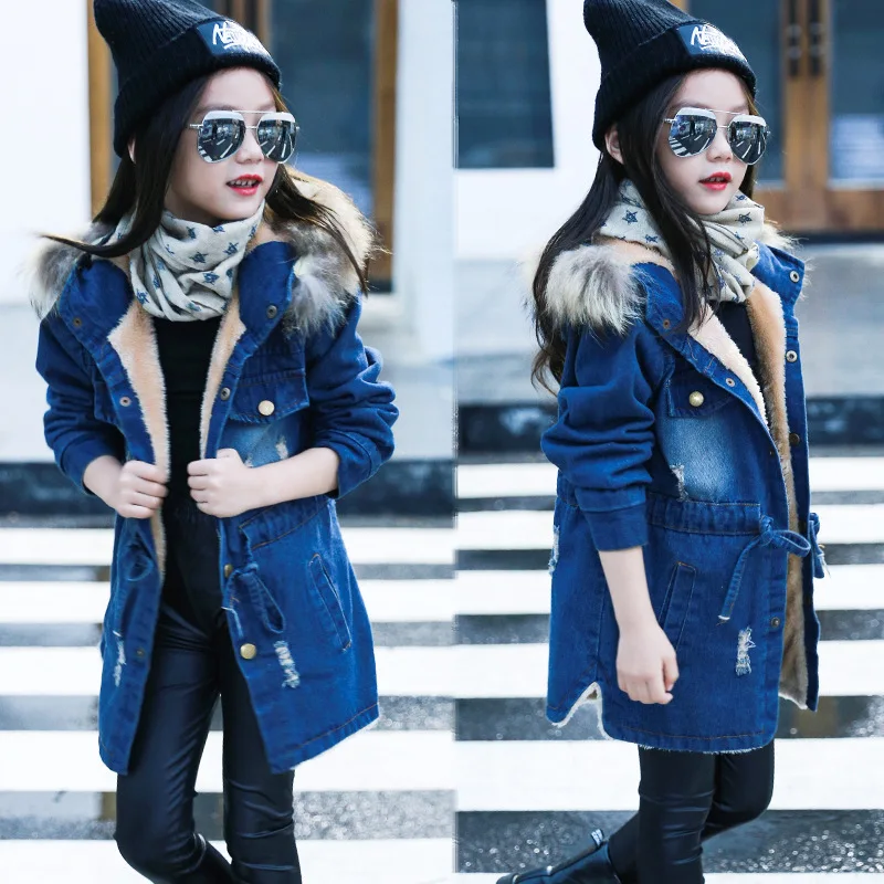 

Christmas Day Dift Girl's Coat, New Winter Fashion, Broken Hole, Hooded Denim Jacket, Plush Thickening, Long Flowing Coat
