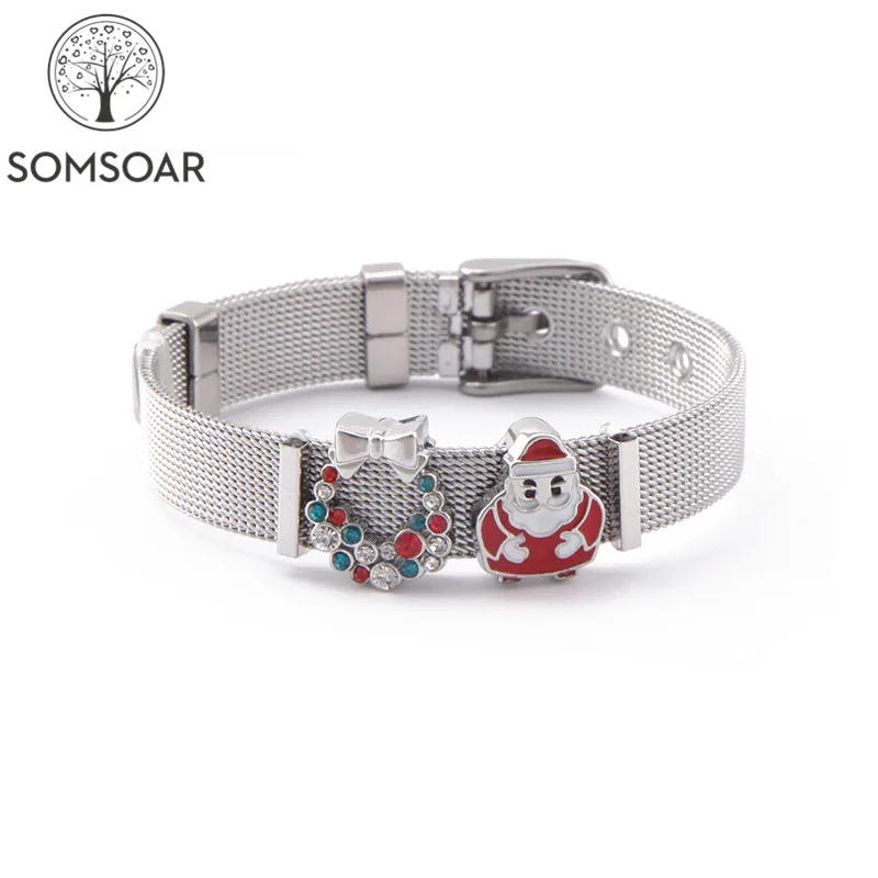 

Dropshipping Somsoar Jewelry Silver Xmas Stainless Steel Mesh Bracelet Set with Rubber preventer Christmas Santa Claus Charms