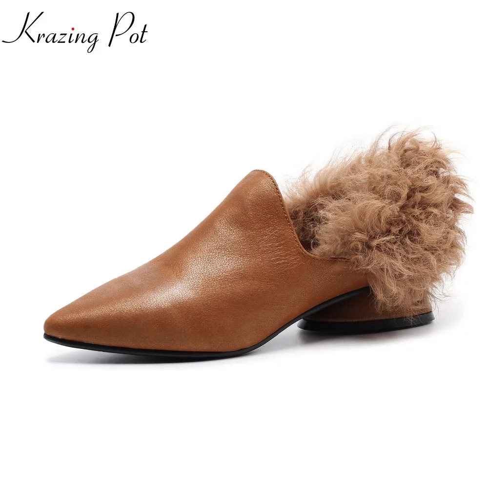 2018 Krazing Pot Shoes Women Novelty Sheep Fur Med Heels Genuine Leather Pumps Slip On Sweet
