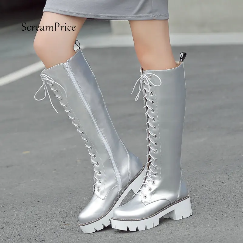 Achat Femmes Plate Forme Épais Haute Genou Haute Bottes Lace Up Mode Hiver Combats Bottes Blanc Rouge Noir Argent