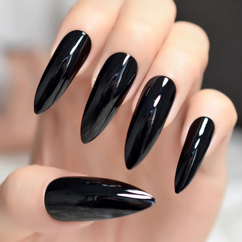 Preto Extremamente Longas Unhas Stiletto 24 Conjunto Completo De Unhas