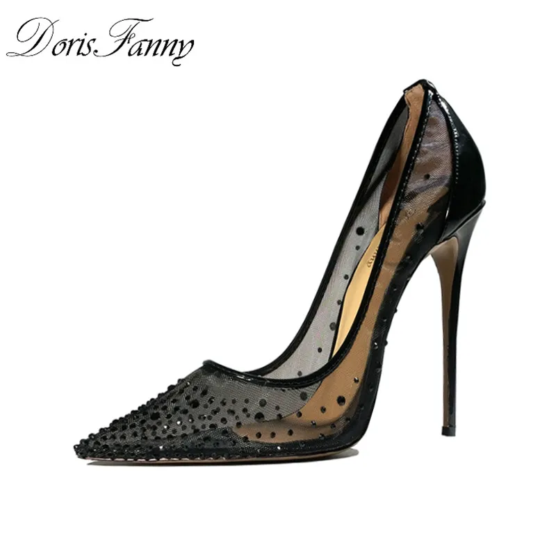 DorisFanny Black High Heels Wedding shoes womens pumps size 13 12 see through pointed toe ladies shoes