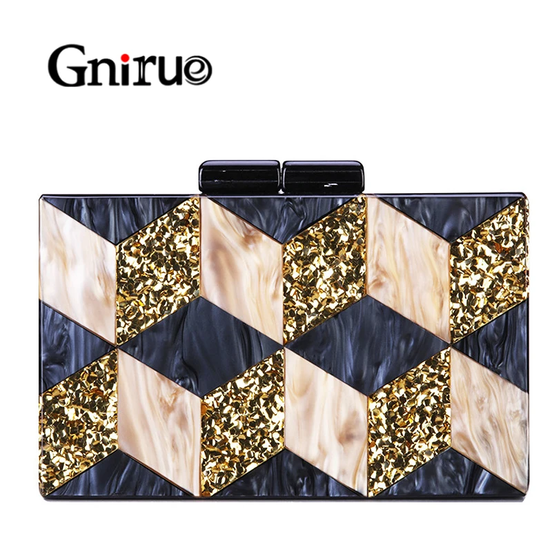 New Female Black Pearlescent Acrylic Evening Bags Vintage Women Messenger Bags Gold Sequins Clutches Patchwork Party Handbags