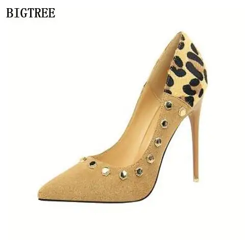 

European&American Wind Pumps Women's Shoes Summer& Autumn Heels 10.5 cm Suede Pointed Suede Sexy Leopard Rivet Night Club 2018