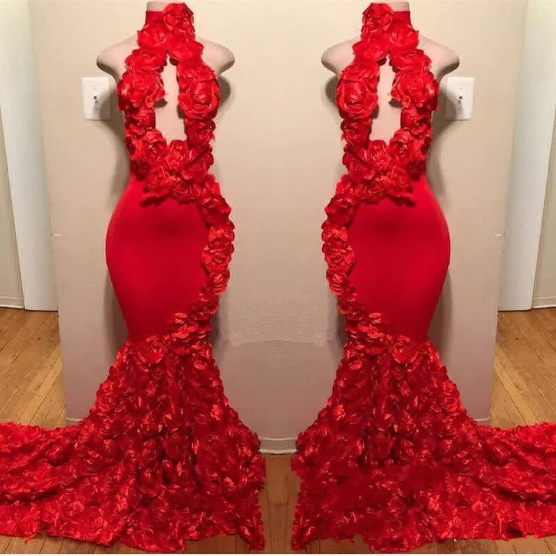 

Red New Design Mermaid Prom Dresses Appliques High Neck Sexy Formal Evening Dresses Sweep Train Satin Luxury Fashion Gown