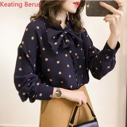 Keatingberus Blusas Mujer De Moda 2019 Для женщин s Топы и блузки Плюс Размеры Для женщин в горошек шифоновая блузка с бантом Рубашка с длинными рукавами