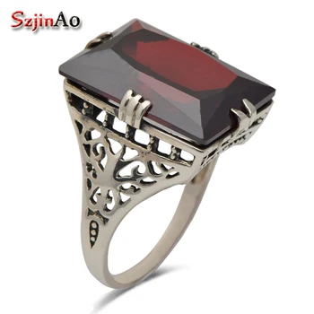 

Szjinao Fine jewelry border pattern fret antique jewelry punk replica garnet women 925 silver sterling ring luxury Brand
