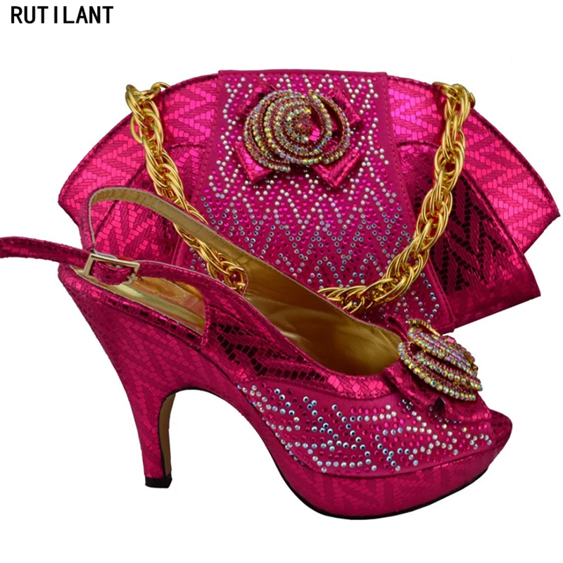 

New Arrival Fuchsia Color Sales In Women Matching Shoes and Bag Set African Matching Shoes and Bags Italian In Women Party Shoes