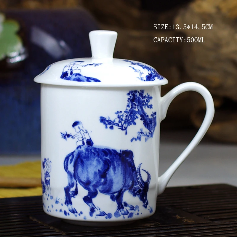 500 мл синий и белый фарфор винтажный цветочный узор керамический мастер чайная чашка с крышкой Китайский кунг-фу чайная кружка для молока подарки другу - Цвет: N