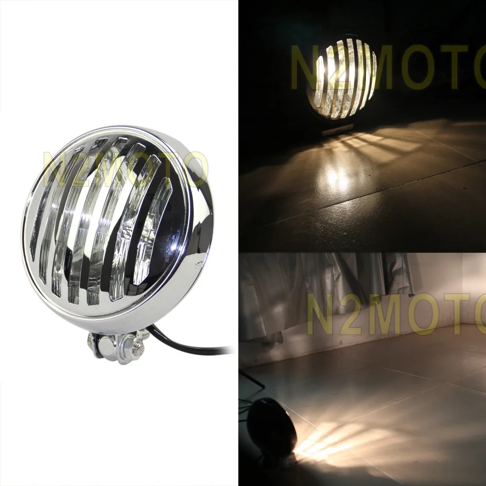 

5 3/4" Chrome Grill Cover Motorcycles Headlight High/Low Beam Front Light Lamp for Harley Cruiser Bobber Cafe Racer