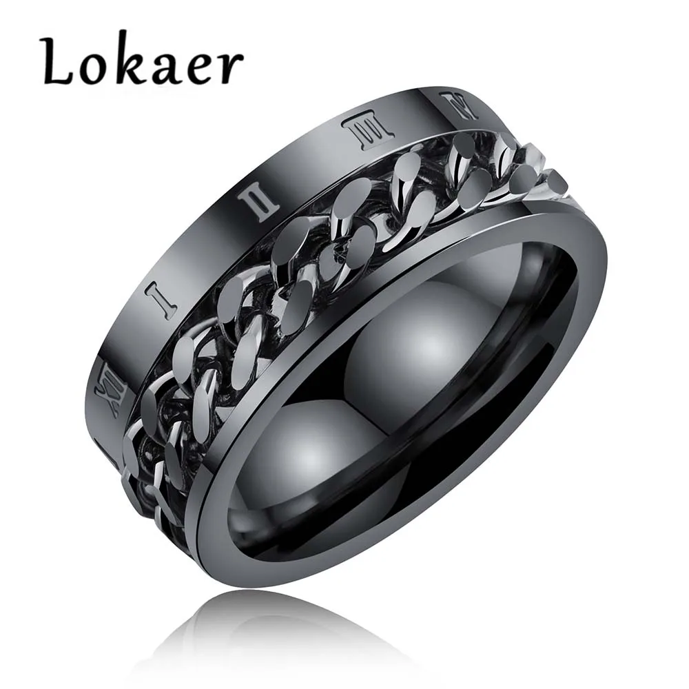 

Lokaer Brand Titanium Steel Personality Roman Numerals Ring Punk Design Unique Chain Spinner Rings Jewelry For Boy Men LGJ570