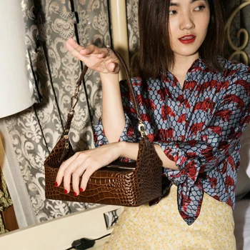 

2019 Vintage Square Box Women Top-Handle Bag Crocodile Pattern Shoulder Bags Simple Design Handbag Purse Wallet Evening Clutch