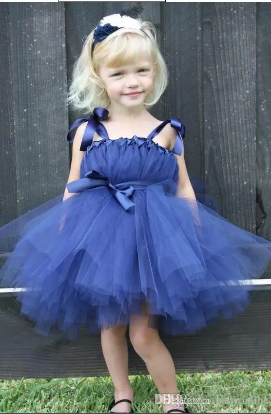 2017 Royal Blue Cute Baby Toddler Flower Girl's Dresses Bow Straps Tea