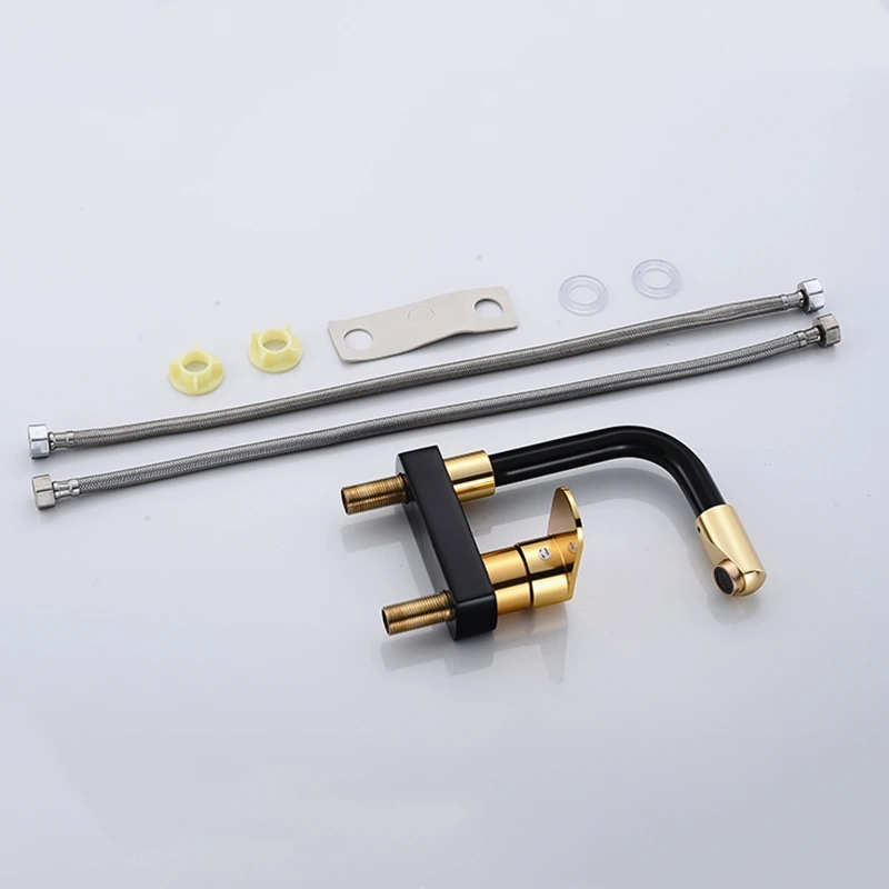 1pc Space Aluminum Basin Hot and Cold Water Faucet Double Hole Three-hole Deck iInstallation 360 Rotating Basin Tap Splash