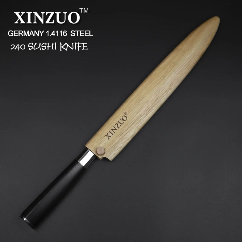 XINZUO 9.5'' Sashimi Knife Din 1.4116 Steel Forged Steel Kitchen Knives Salmon Sushi Fishing Fillet Knife Cherry Wood Scabbard