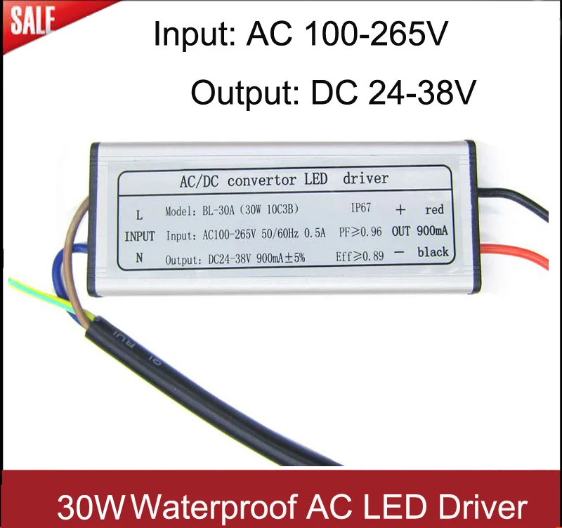 1pcs High Power 30W Waterproof AC100-265V DC 24-38V LED Driver 900mA Lighting Transformers Switch For Light Lamp |