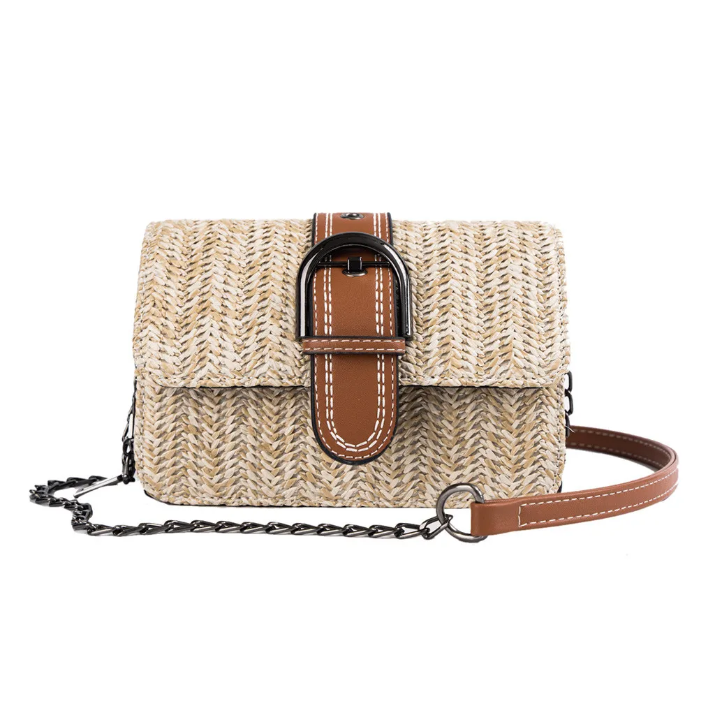 

female square straw Rattan bag chain leather flap Summer Beach bag Wild Handmade Woven Bohemia Handbag crossbody bags for woman