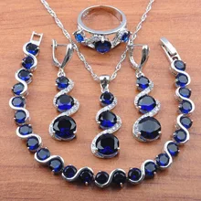 Новинка, женские свадебные ювелирные изделия, Голубой цирконий, 925 пробы, серебряный комплект ювелирных изделий, серьги/кулон/ожерелье/браслет/кольцо JS0136