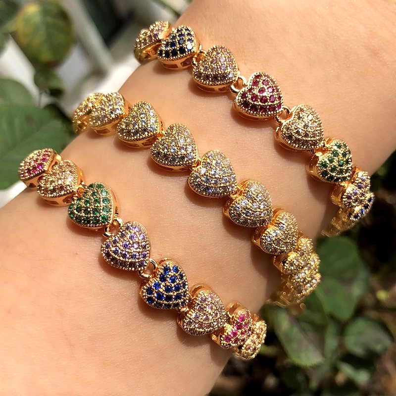 

Luxury Heart shape Bracelet Full Paved Colourful Cubic Zirconia Gold/silver Color boho Bracelets Bangles For Women party Jewelry