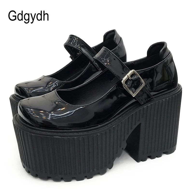 

Gdgydh 2018 Autumn Women Pumps Patent Leather High Heels Mary Jane Shoes For Women Buckle Rubber Sole Black Platform Shoes