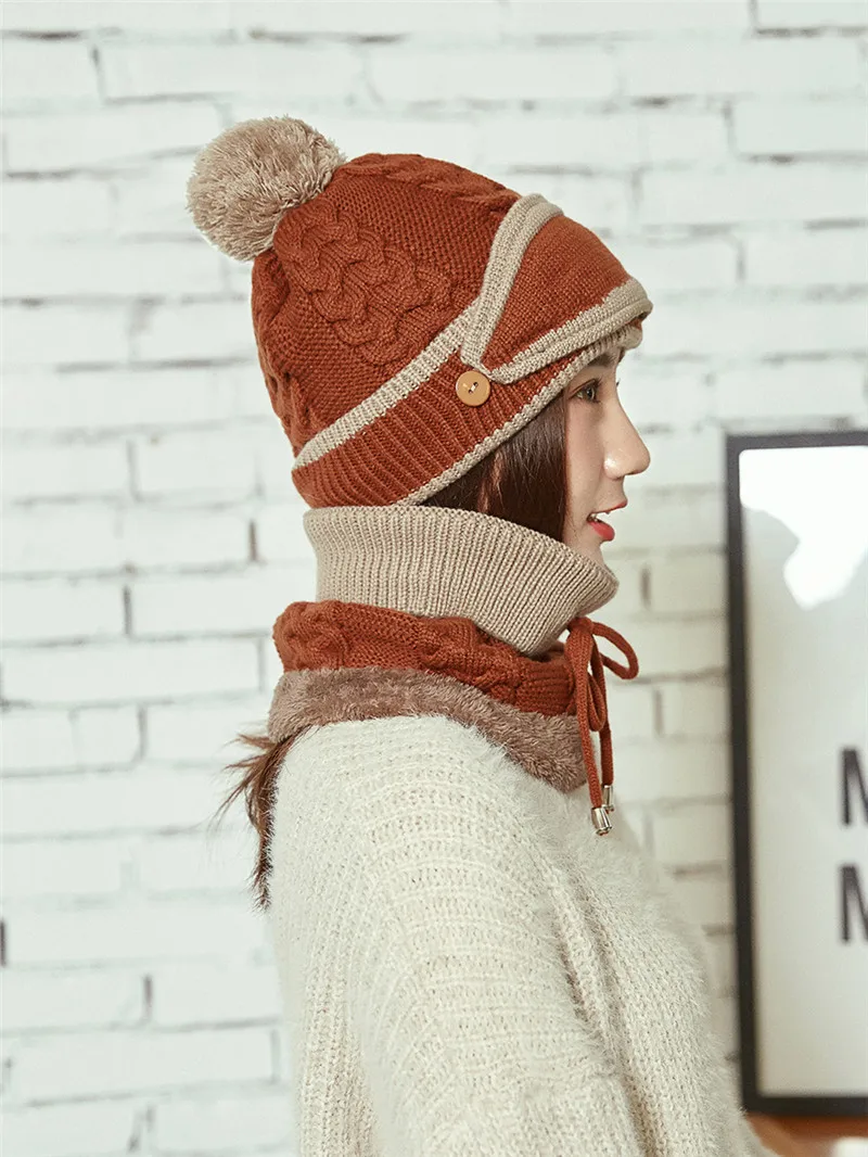 Теплые комплекты из 3 предметов зимние вязаные шерстяные шапки шарф для женщин толстый хлопок Зима аксессуары от ветра Комплект женский