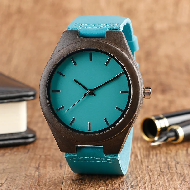 

High Quality Bamboo Wood Watch For Men And Women Quartz Analog Casual Wristwatch Modern Handmade Blue Bamboo Leather Band