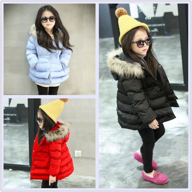 

High Quality Children Winter Down Jackets for Girls Solid Warm Outerwear Fur Collar Coats Big Pocket Thick Parkas Cotton Coats