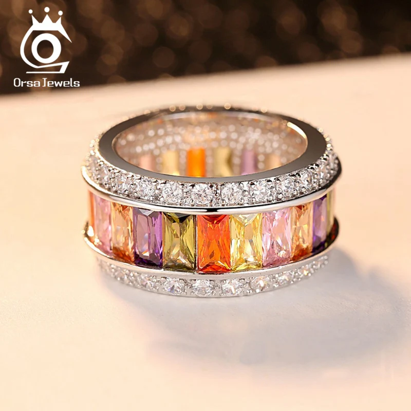 ORSA JEWELS Rainbow Colorful Rings Eternity For Women Classic Wedding & Engagement Band Handmade Female Fashion Jewelry PR50